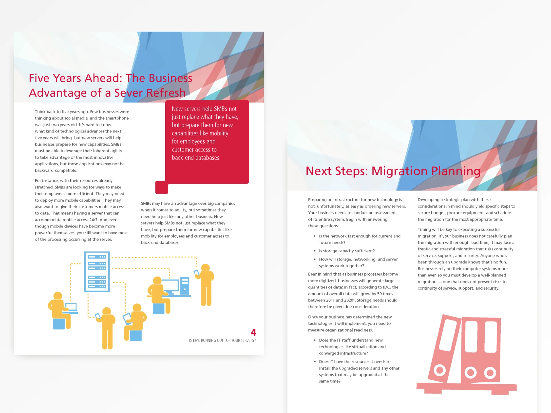 Two interior pages: a headline banner, body columns, a red pull-quote panel, and diagrams illustrating server access and migration planning.