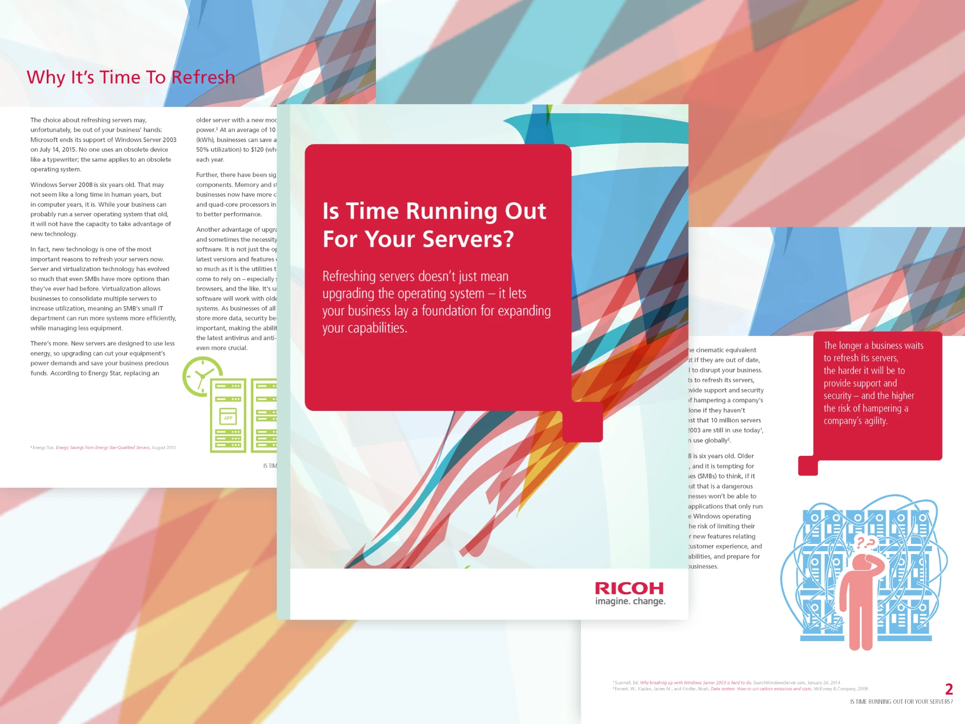 Ricoh white paper cover set among interior spreads, with the title in a red panel over layered ribbon graphics.