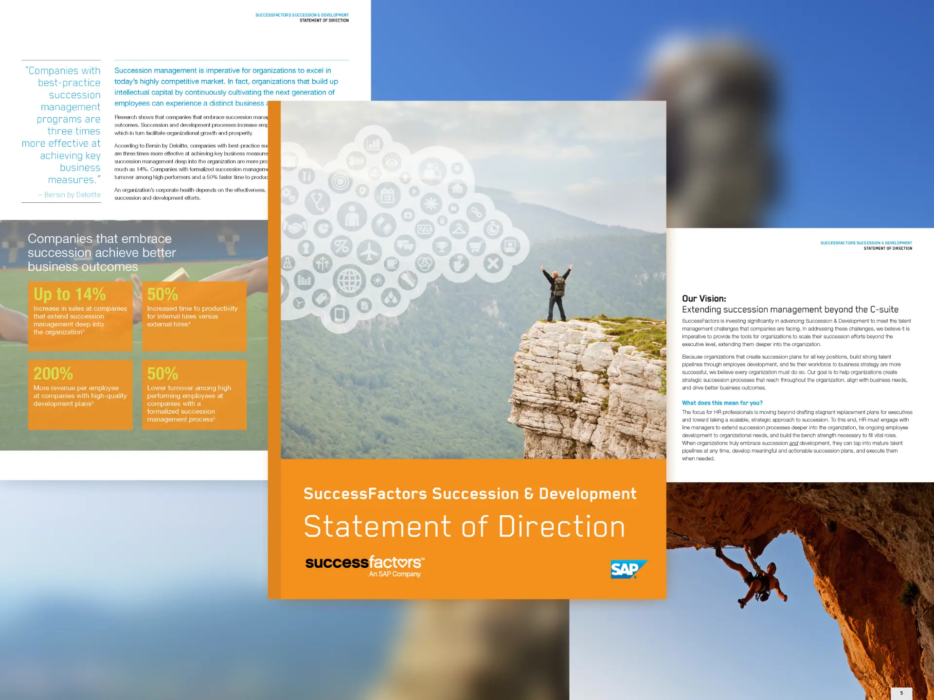 SuccessFactors Statement of Direction cover shown among interior pages, with the report title over a summit photograph.