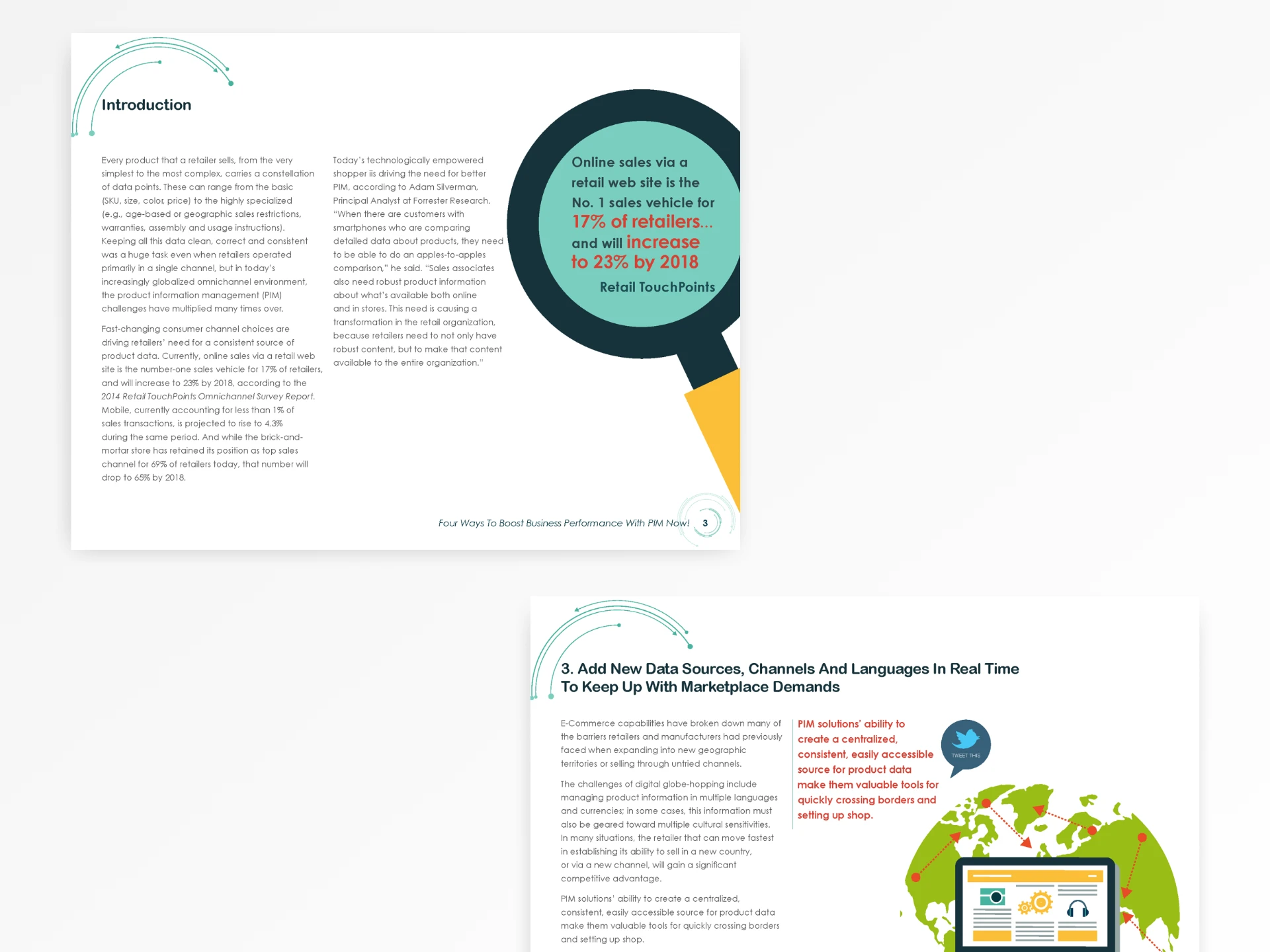 Interior e-book spreads: an introduction with a two-column argument and a pull statistic, and a numbered section on adding data sources and channels.
