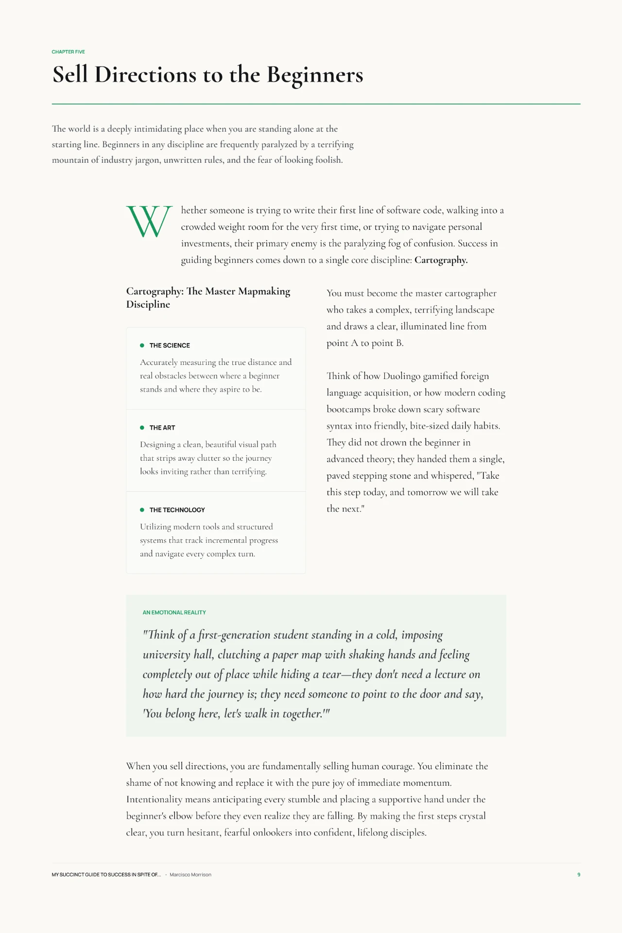 Chapter Five: Sell Directions to the Beginners—a two-column chapter with a framed definition stack and a pulled emotional-reality passage.
