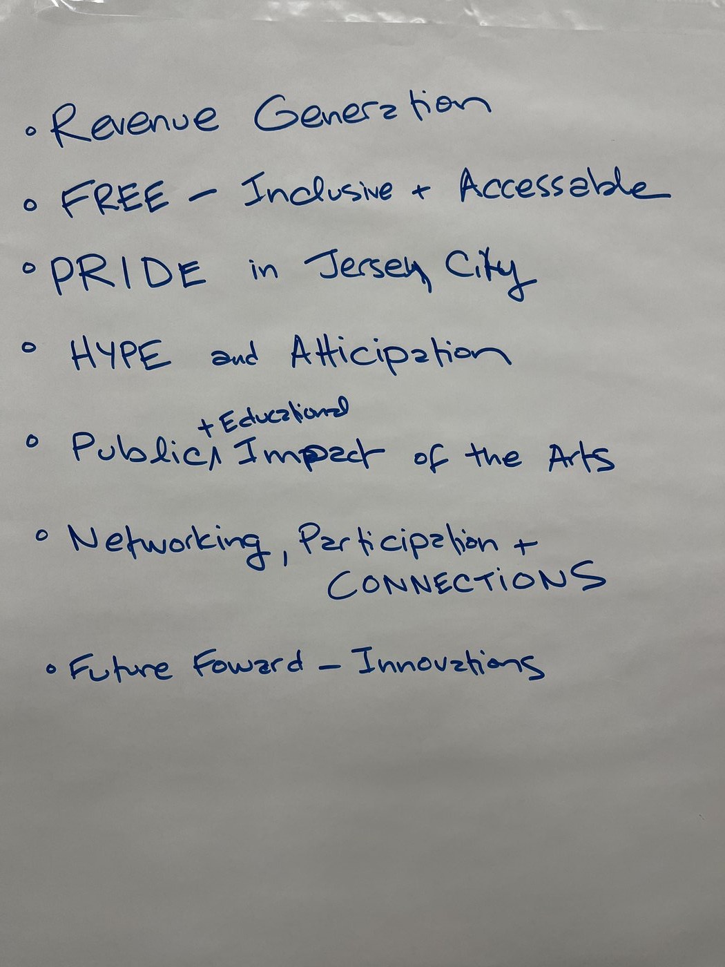 Handwritten flip-chart notes listing themes raised by a working group.