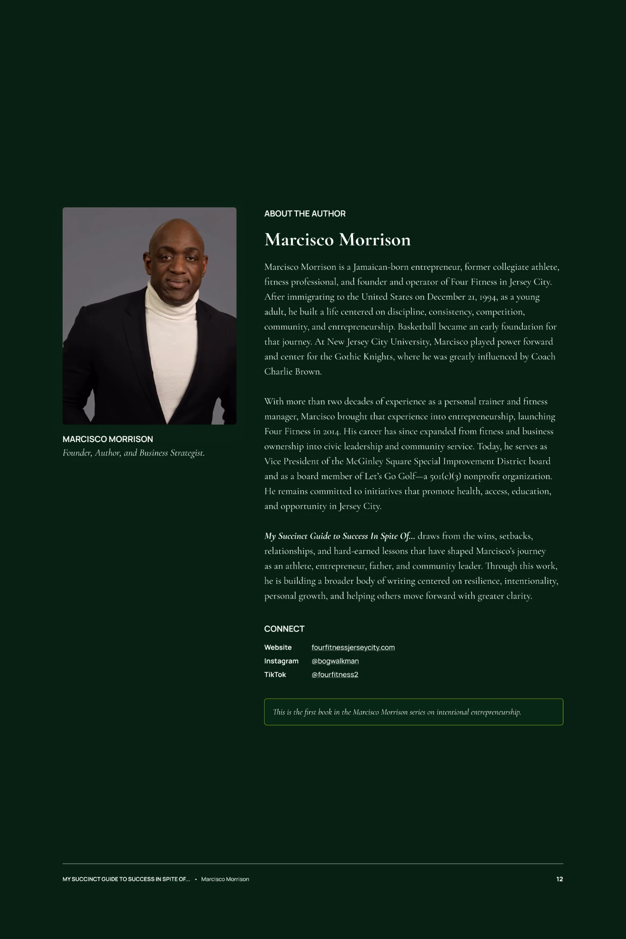About the Author page: portrait of Marcisco Morrison beside a biography, a connect list, and a series note.